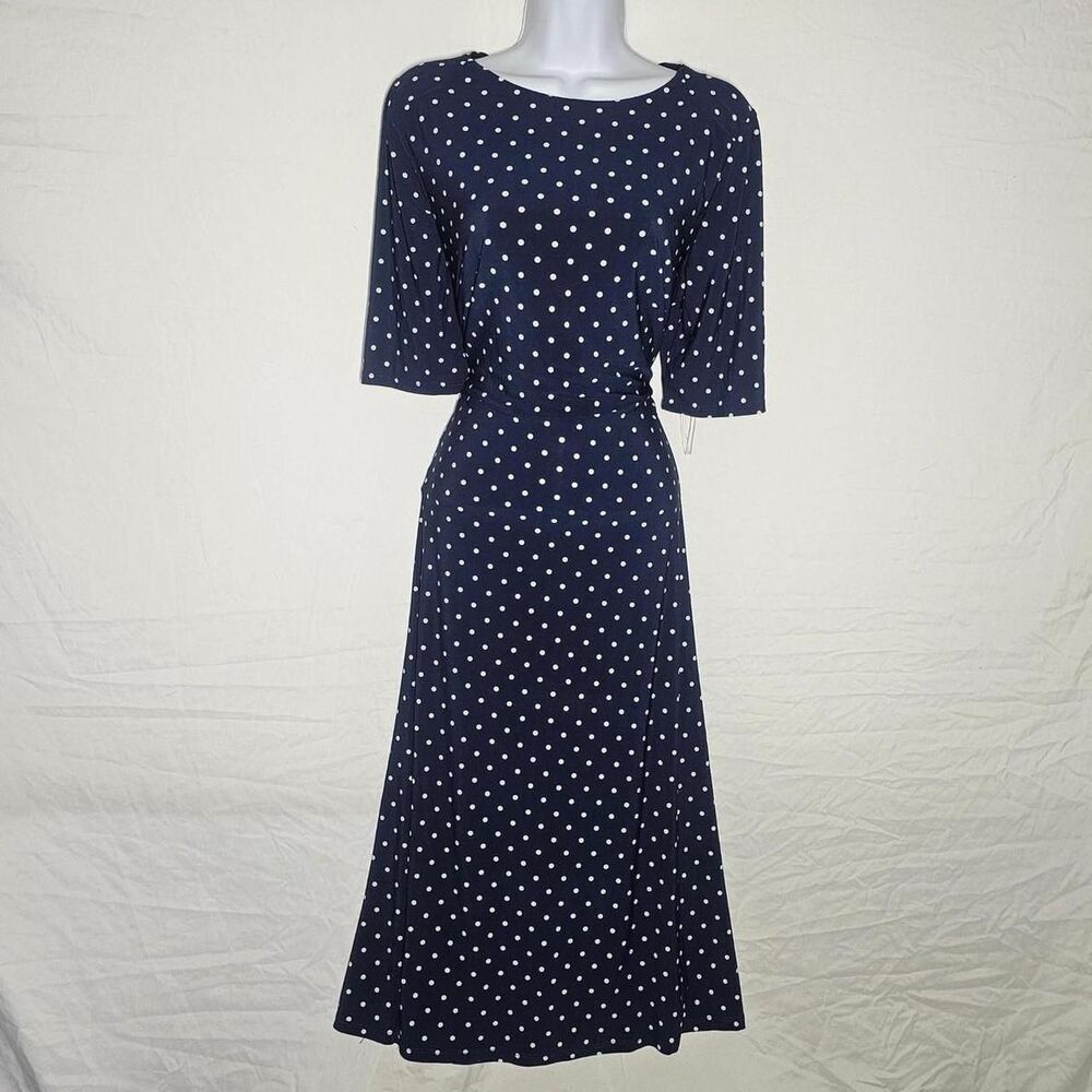 vintage 90s navy blue polka dot midi a-line dress